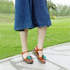 Socofy summer on leather retro three-dimensional flowers casual comfortable sloping sandals