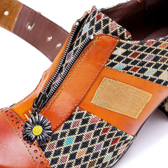 Socofy Genuine leather vintage plaid three-dimensional flowers pumps