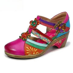Socofy Summer Genuine Leather Casual Hook & Loop Hand-painted Sewing Retro Flower Women Sandals
