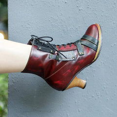Socofy Leather Vintage Boots High Heeled Boots