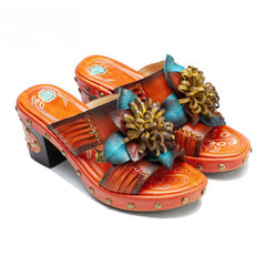 Socofy Genuine Leather Hand-painted Retro High Heeled Slippers Sandals