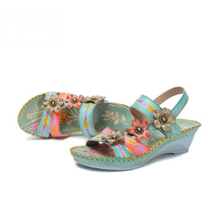 Socofy Vicconfy Genunie Leather Floral Handmade Women's Sandals