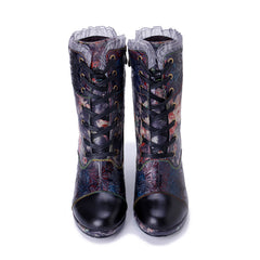 Socofy Winter Retro Lace Print Heeled Boots