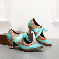 Socofy Summer flower blue ethnic style high-heeled ribbon lace-up women's shoes