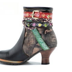 Socofy Vicconfy Genuine Leather Vintage Braided Belt Buckle Boots