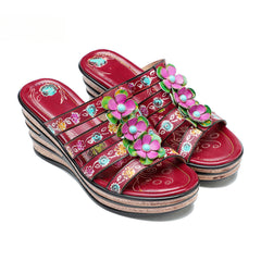 Socofy Summer Leather Vintage Flower Slope Heel Sandals Slippers