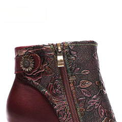 SOCOFY Genuine Leather Retro Handmade Exquisite Embossed Fashion Zip Winter Boots