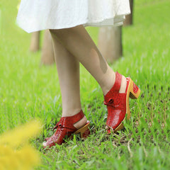 Socofy Summer Leather Retro Hollow Out High Heel Sandals