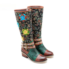 Socofy Vicconfy Handmade Color Rubbed Cubic Floral Belt Buckle Comfort Chunky Heel High Boots