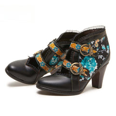 Socofy fashionable ethnic style stiletto heel round toe genuine leather boots for women