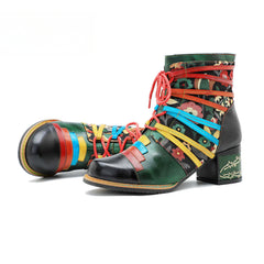 Socofy Vicconfy Handmade Genuine Leather Printed Patchwork Colorful Strappy Chunky Heel Women's Boots