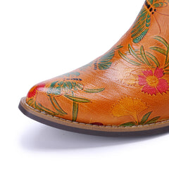 Socofy Winter Vintage Leather Floral Boots