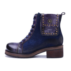 Socofy Handmade Genuine Leather Side Zip Short Boots