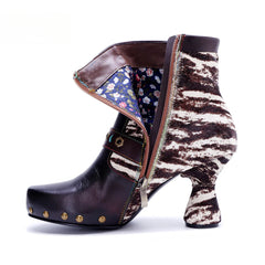 Socofy Vicconfy Retro Handmade Zebra Pattern Buckle Ankle Boots