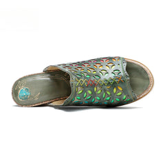 Socofy summer leather rubbed retro colourful hollow out high heel sandals