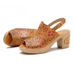 Socofy Spring Summer Leather Printed Hollow Out Chunky Heel Buckle Strap Clog Bottom Sandals