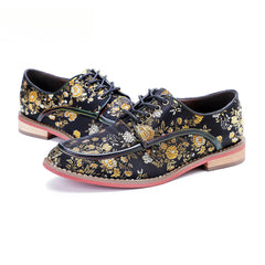Socofy Genuine Leather Retro Flat Print Casual Lace-up Loafers Shoes