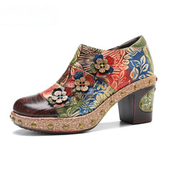 Socofy Genuine Leather Vintage Floral Dimensional Flower Comfortable Pumps