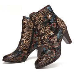Socofy Vintage Pointed Embroidered Flowers Women's Fashion Boots