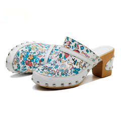 Socofy Handmade Leather Crushed Flower Rustic Casual Fashion Comfortable High Heeled Sandals