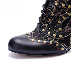 Socofy genuine leather Women's Leather Rivet Retro Fashion High Heeled Shoes