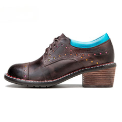 Socofy Leather Star Deco Lace Up Chunky Heel Single Shoes