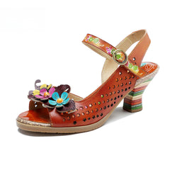 Socofy Summer Genuine Leather Hollow Three-dimensional Flower Comfortable Women's High Heels