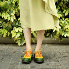 Socofy genuine leather retro printed lace-up casual round toe thick heel women's leather flat shoes