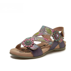 Socofy Bohemian retro first-layer cowhide flower-embellished women's sandals