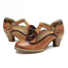 Socofy spring genuine leather retro Mary Jane high-heeled shoes