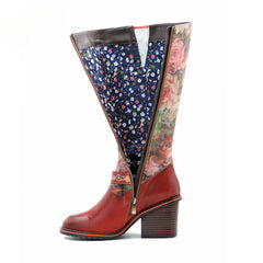 Socofy Vicconfy Handmade Color Rubbed Leather Printed Belt Buckle Chunky Heel Women's Boots