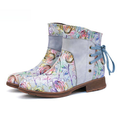 Socofy Vicconfy Retro Leather Blossom Casual Comfort Ankle Boots