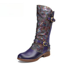 Socofy Vicconfy Side Zipper Vintage Floral Flat Heel Long Boots