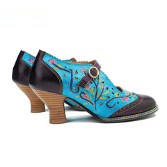 Socofy genuine leather hand-rubbed hollow flower high heels for women