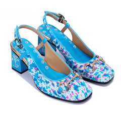 Socofy Handmade Leather Crushed Flower Chunky High Heeled Sandals