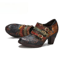 Socofy Vicconfy Genuine leather leather buckle deco ethnic vintage pumps