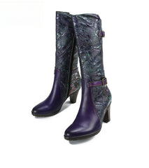 Socofy Vicconfy Genuine Leather Printed Belt Buckle Ethnic Long Boots