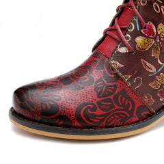 Socofy Vicconfy Genuine Leather Lace Up Cowboy Jacquard Colorblocking Ankle Boots