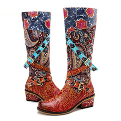 Socofy Leather Vintage Print Chunky Heel Knee Women's Boots