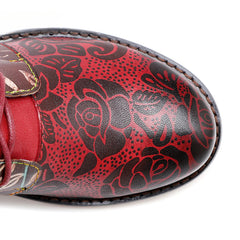 Socofy Vicconfy Genuine Leather Lace Up Cowboy Jacquard Colorblocking Ankle Boots