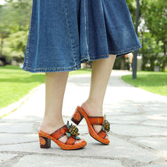 Socofy Genuine Leather Hand-painted Retro High Heeled Slippers Sandals