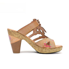 Socofy Vicconfy Flower Patchwork Head Cowhide High Heel Women's Sandals Slippers