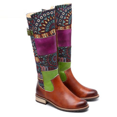 Socofy Vicconfy Genuine Leather Vintage Patchwork Long Warm Boots