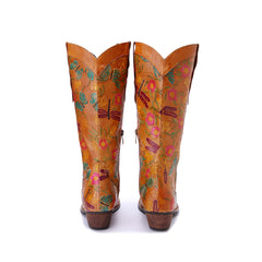 Socofy Winter Vintage Leather Floral Boots