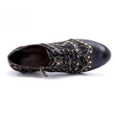 Socofy genuine leather Women's Leather Rivet Retro Fashion High Heeled Shoes