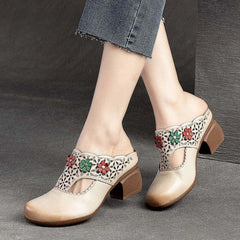Socofy Ethnic Style Flower Mid Heel Round Toe Retro Comfortable Versatile Women Shoes