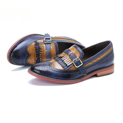 Socofy Genuine Leather Women's Retro Colorblocking Tassel Flat Comfort Loafers