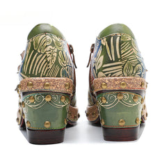 Socofy Genuine Leather Vintage Floral Dimensional Flower Comfortable Pumps