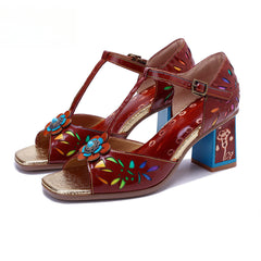 Socofy Crimson Blossom T-Strap Sandals