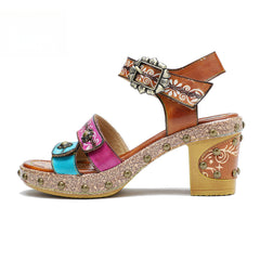 Socofy Summer Leather Retro Rivet Clash Colour High Heeled Sandals